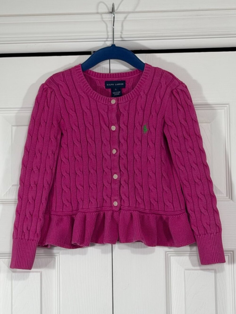 Ralph Lauren Magenta Pink Cable-Knit Ruffled Cardigan - Girls' Size 5